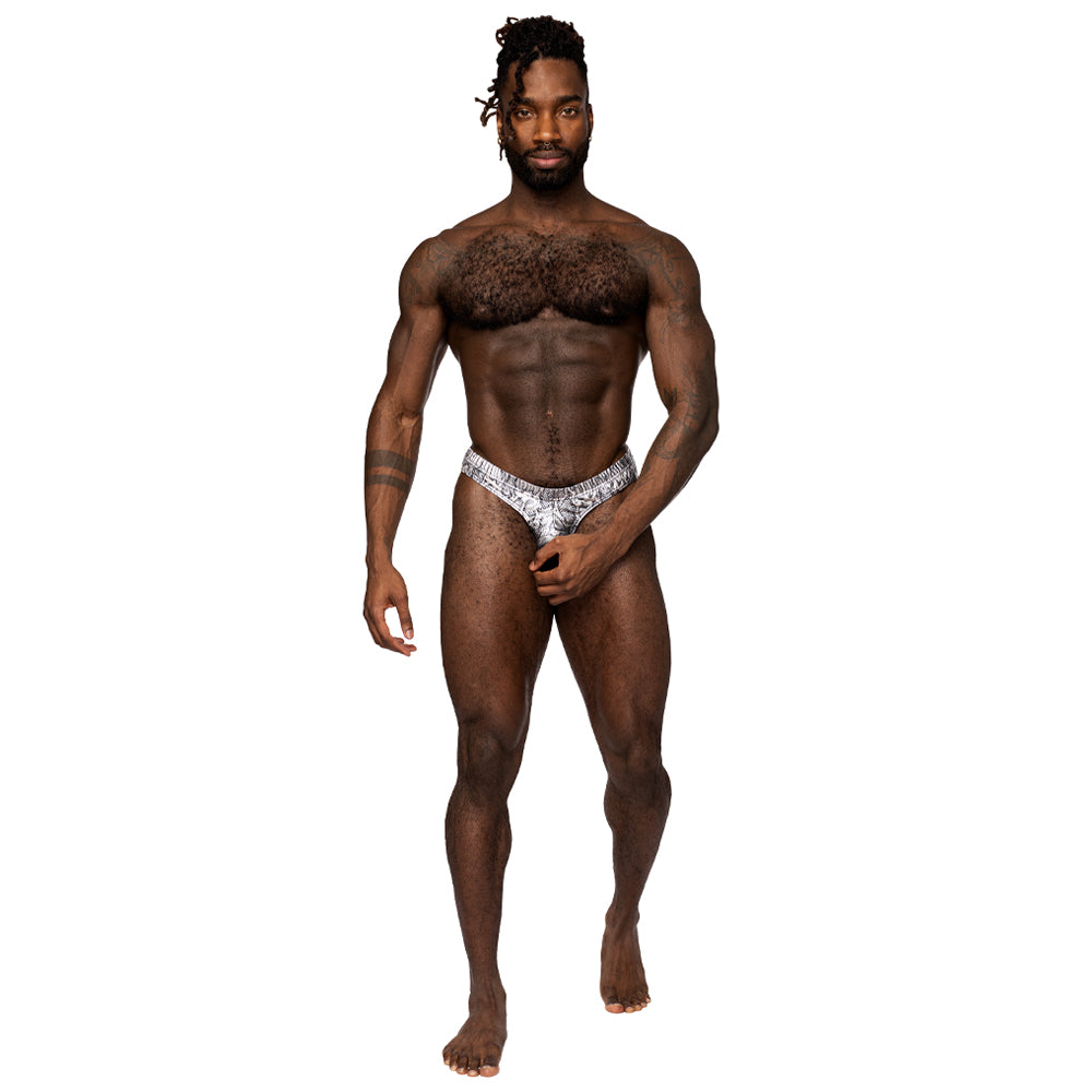 Male Power S'Naked Snakeskin Print Power Sock Backless Underwear has a metallic snakeskin print in all-way stretch material w/ Velcro closure around your shaft & a naked back to expose your rear assets! Silver & black. (3)