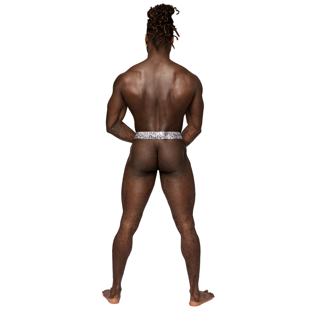 Male Power S'Naked Snakeskin Print Power Sock Backless Underwear has a metallic snakeskin print in all-way stretch material w/ Velcro closure around your shaft & a naked back to expose your rear assets! Silver & black. (4)