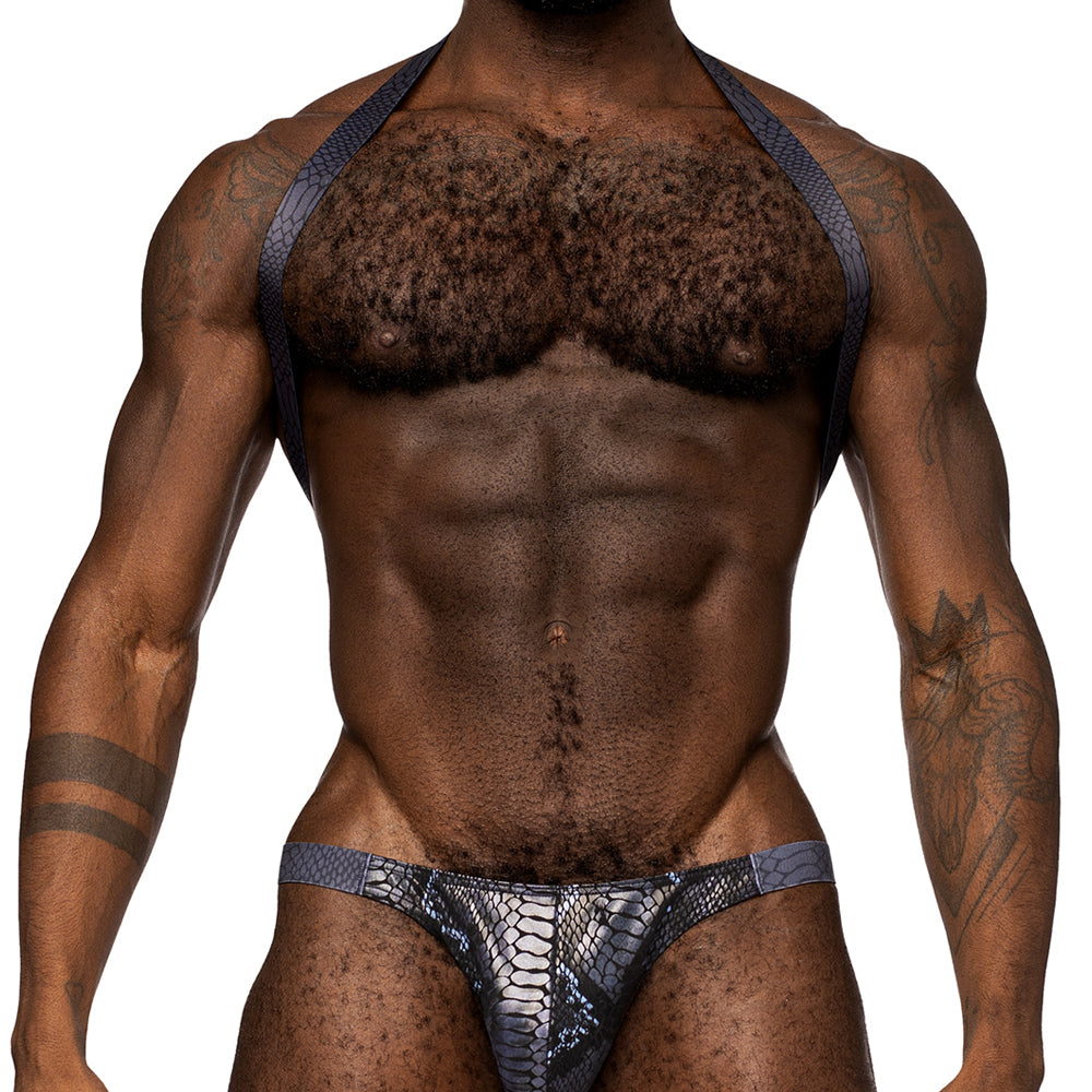 Male Power S'Naked Snakeskin Print Shoulder Sling Harness Thong has a metallic snakeskin print w/ a thong-cut rear, shoulder straps & a behind-the-neck sling for support that accentuates your torso! Black & blue.