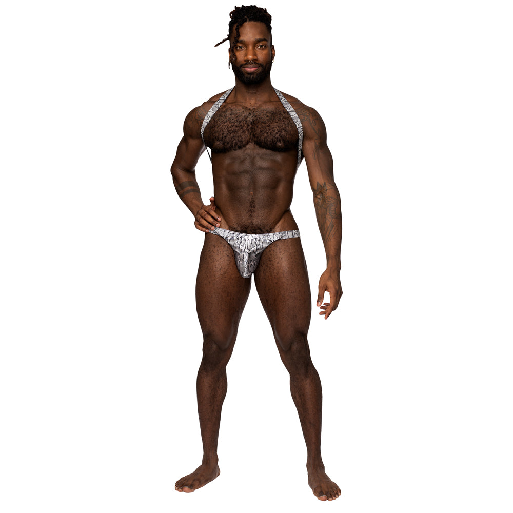 Male Power S'Naked Snakeskin Print Shoulder Sling Harness Thong has a metallic snakeskin print w/ a thong-cut rear, shoulder straps & a behind-the-neck sling for support that accentuates your torso! Silver & black. (3)