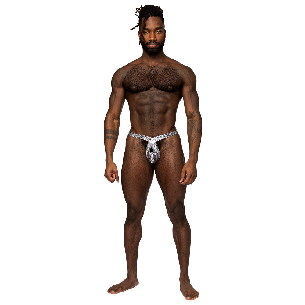  Male Power S'Naked Criss-Cross Snakeskin Print Cock Ring Thong has a metallic snakeskin print in all-way stretch material w/ a unique round crossover front & elasticised cock ring-style opening! Silver & black. (3)