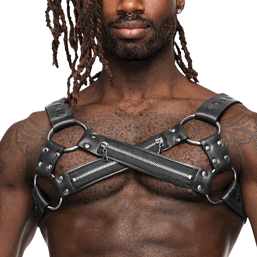  Male Power Virgo Criss-Cross Zipper Neoprene Chest Harness has 6 O-rings for compatibility w/ BDSM accessories + metal suds, snaps & zipper details for visual drama.