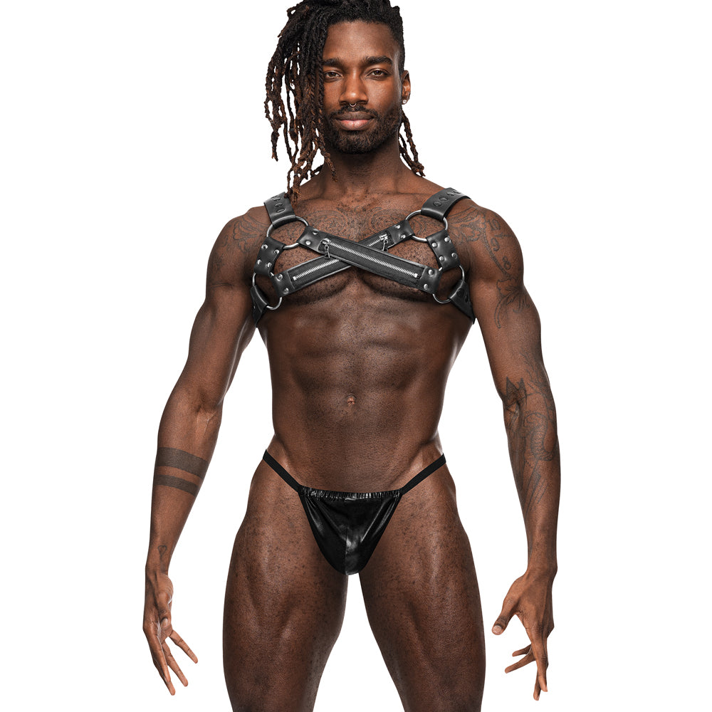  Male Power Virgo Criss-Cross Zipper Neoprene Chest Harness has 6 O-rings for compatibility w/ BDSM accessories + metal suds, snaps & zipper details for visual drama. (3)