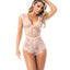 Mapale Criss-Cross Back Sheer Eyelash Lace Teddy Romper is made from transparent floral lace & mesh w/ a deep V-neck & corset-style criss-cross ribbon lacing down the back. (6)