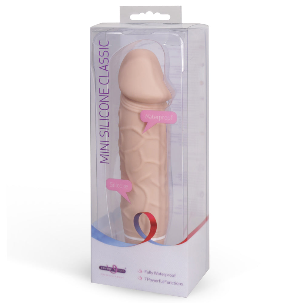 Mini Silicone Classic Mr Thick Vibrator is a battery-operated waterproof silicone sex toy. Features 7 vibration functions plus ridges & veins for a realistic feel! Flesh. Package.