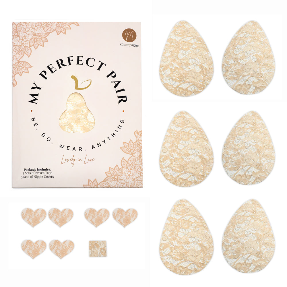 My Perfect Pair Luxury Lace Breast Tape & Nipple Cover 3-Pack sets lift + support your bust & are trimmable to suit any neckline. Waterproof, sweat-proof & dance-proof! Champagne - accessories.
