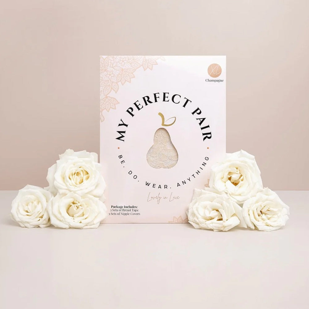 My Perfect Pair Luxury Lace Breast Tape & Nipple Cover 3-Pack sets lift + support your bust & are trimmable to suit any neckline. Waterproof, sweat-proof & dance-proof! Package.