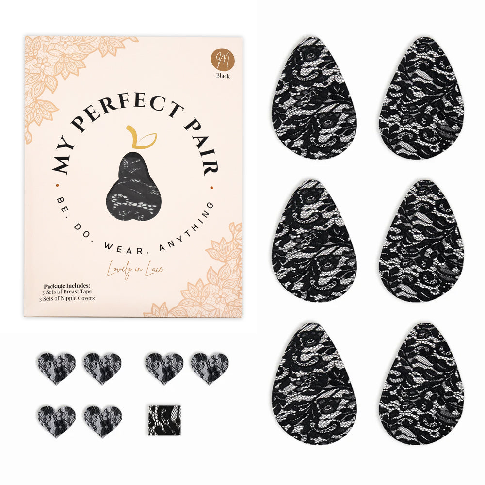 My Perfect Pair Luxury Lace Breast Tape & Nipple Cover 3-Pack sets lift + support your bust & are trimmable to suit any neckline. Waterproof, sweat-proof & dance-proof! Black - accessories.