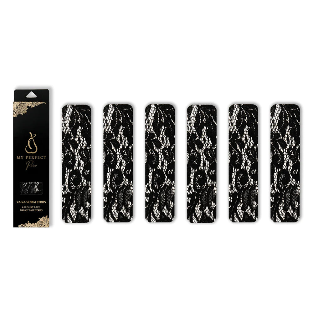 My Perfect Pair Va-Va-Voom Strips Luxury Lace Breast Tape 6-Pack enhance your cleavage & are trimmable to suit any neckline + waterproof, sweat-proof & dance-proof! Black.