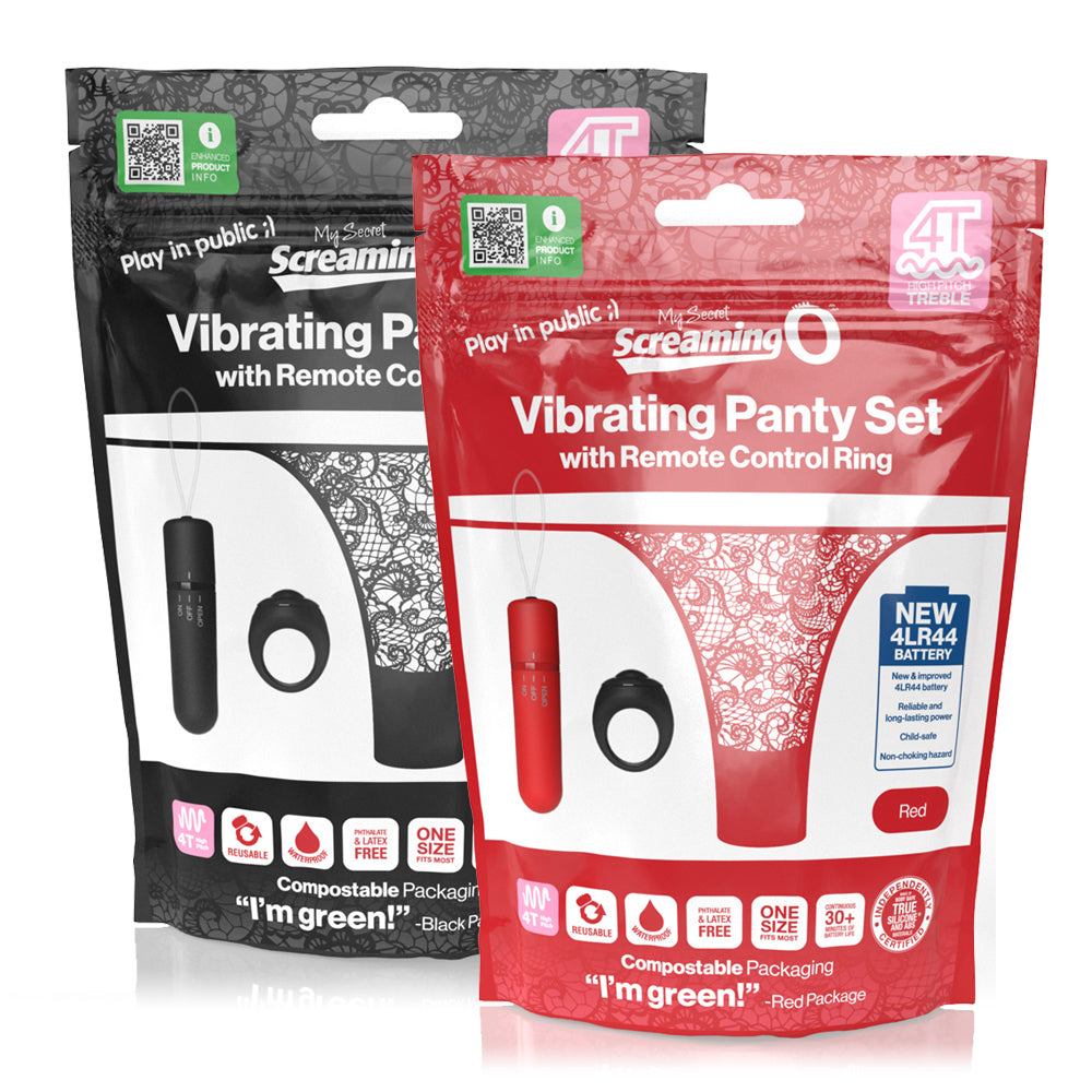My Secret Screaming O 4T Treble Remote Control Vibrating Panty Set comes w/ a 10-mode bullet vibrator w/ a new 4T treble motor for high-pitched buzzy pleasure & a disguised finger ring remote. Packages.