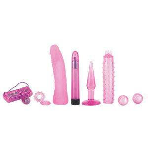 Mystic Treasures Couples Vibrating Toy Kit Success includes a 7" vibrator, nubby textured sleeve, veiny phallic sleeve, butt plug, oscillating duo balls, vibrating bullet & 2 cock rings!