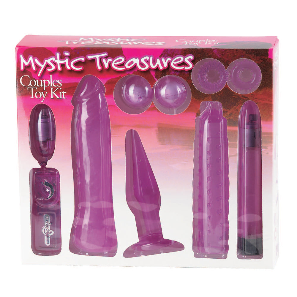 Mystic Treasures Couples Vibrating Toy Kit Success includes a 7" vibrator, nubby textured sleeve, veiny phallic sleeve, butt plug, oscillating duo balls, vibrating bullet & 2 cock rings! Package.