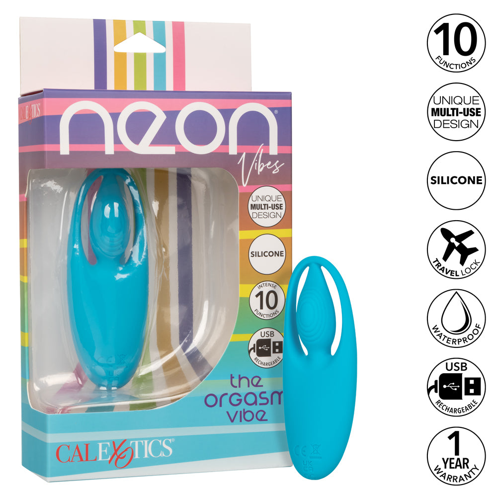 Neon Vibes The Orgasm Vibe Multi-Use Finger & Panty Vibrator has a flexible contoured design that slips into your panties or fingers while 10 vibration modes buzz over you. Features & package.