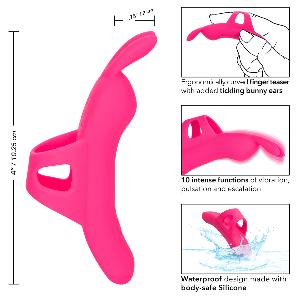 Neon Vibes The Flirty Vibe Finger Vibrator With Tickling Bunny Ears delivers 10 vibration modes through its buzzing rabbit ears for precise stimulation. Dimensions.