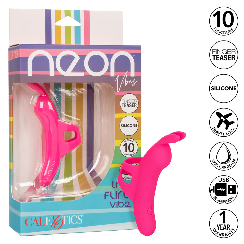 Neon Vibes The Flirty Vibe Finger Vibrator With Tickling Bunny Ears delivers 10 vibration modes through its buzzing rabbit ears for precise stimulation. Features & package.