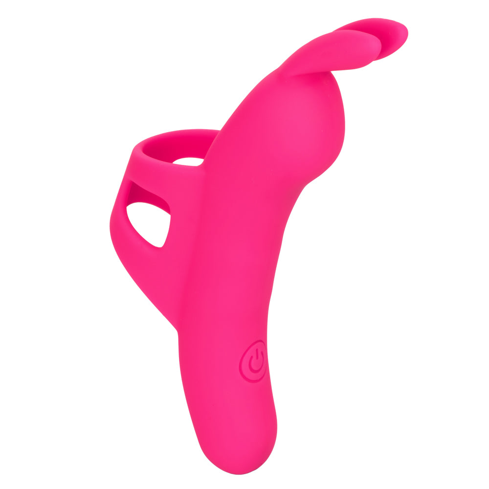 Neon Vibes The Flirty Vibe Finger Vibrator With Tickling Bunny Ears delivers 10 vibration modes through its buzzing rabbit ears for precise stimulation.