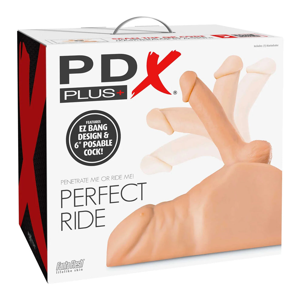 PDX Plus Perfect Ride EZ Bang Male Torso With Poseable Dildo & Anus has chiselled abs, a 6" bendable dildo & a textured anal tunnel at a raised, angled position for easy penetration. Package.