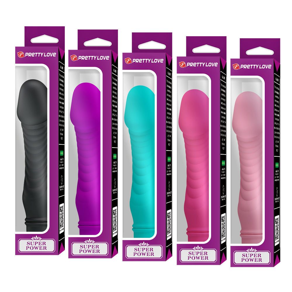 Pretty Love Super Power Phallic Shaft Mini Vibrator has a phallic head for realistic-feeling G-spot stimulation & a ribbed shaft for more stimulation. Packages.