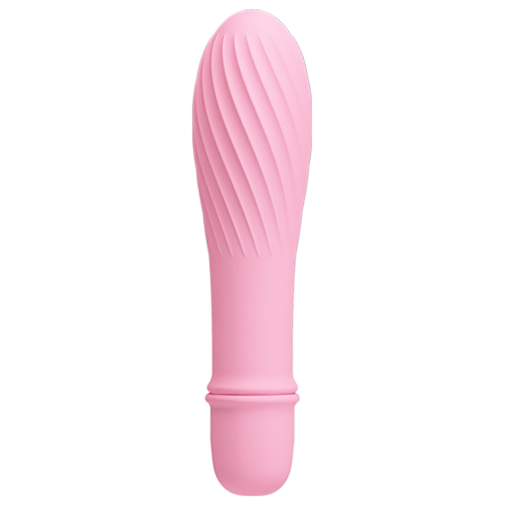 This 10-mode vibrator has a waterproof ribbed silicone body w/ a bulbous head for targeted G-spot pleasure. Light pink.