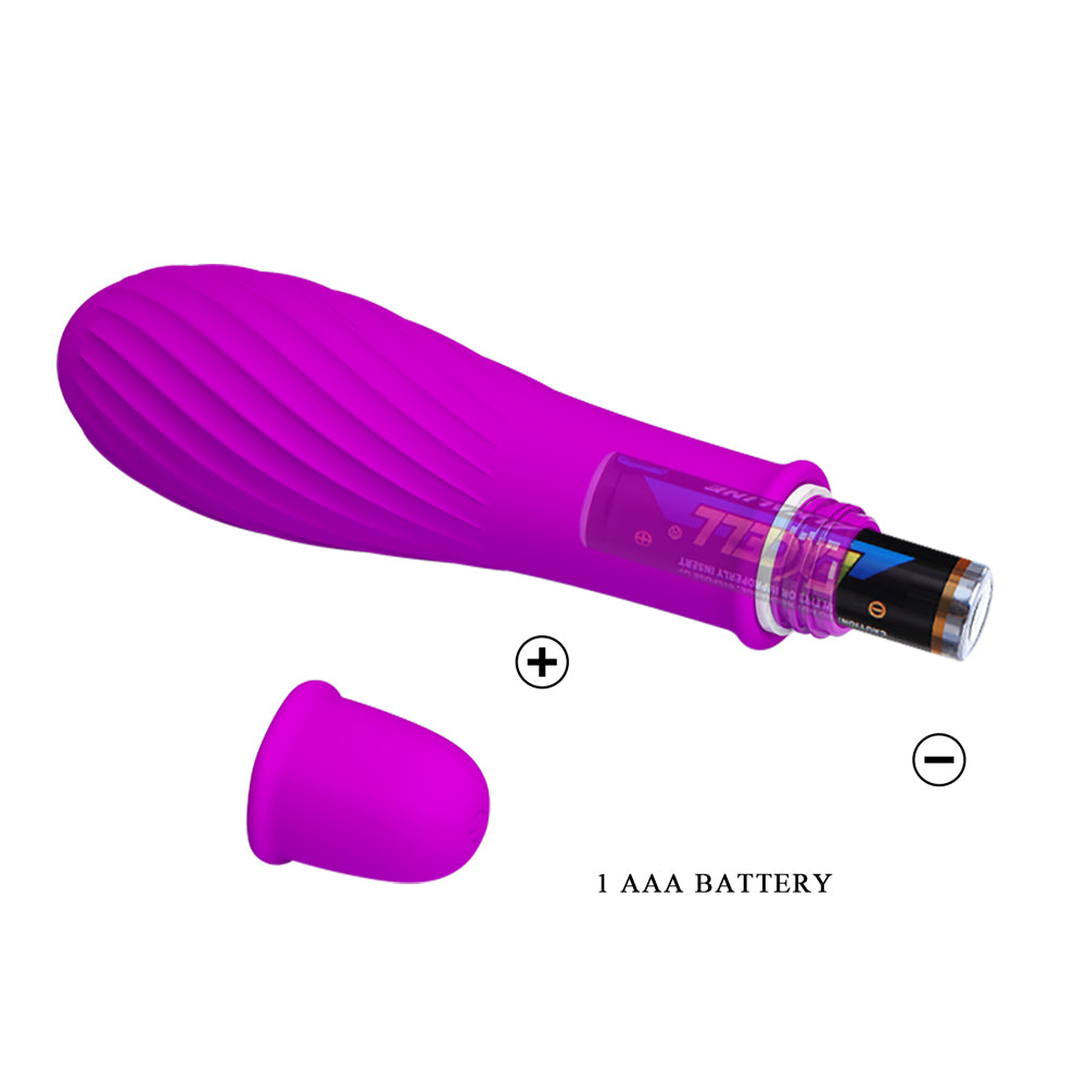 This 10-mode vibrator has a waterproof ribbed silicone body w/ a bulbous head for targeted G-spot pleasure. Purple. Battery.