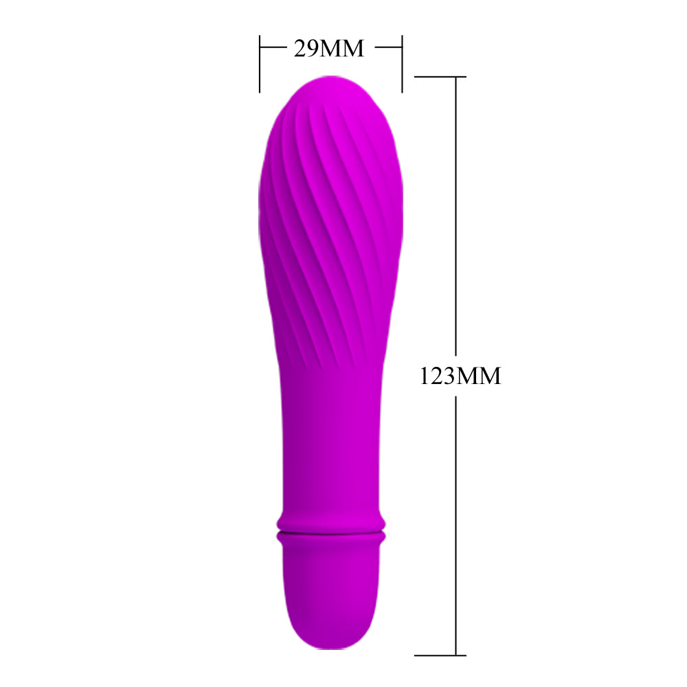 This 10-mode vibrator has a waterproof ribbed silicone body w/ a bulbous head for targeted G-spot pleasure. Purple. Dimensions.