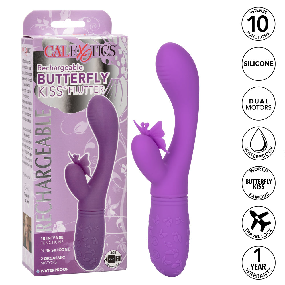 Rechargeable Butterfly Kiss Flutter Rabbit Vibrator has a ribbed G-spot head + a butterfly-shaped clitoral pleaser that flutters its wing & antennae over your clitoris in 10 modes! Purple. Features.
