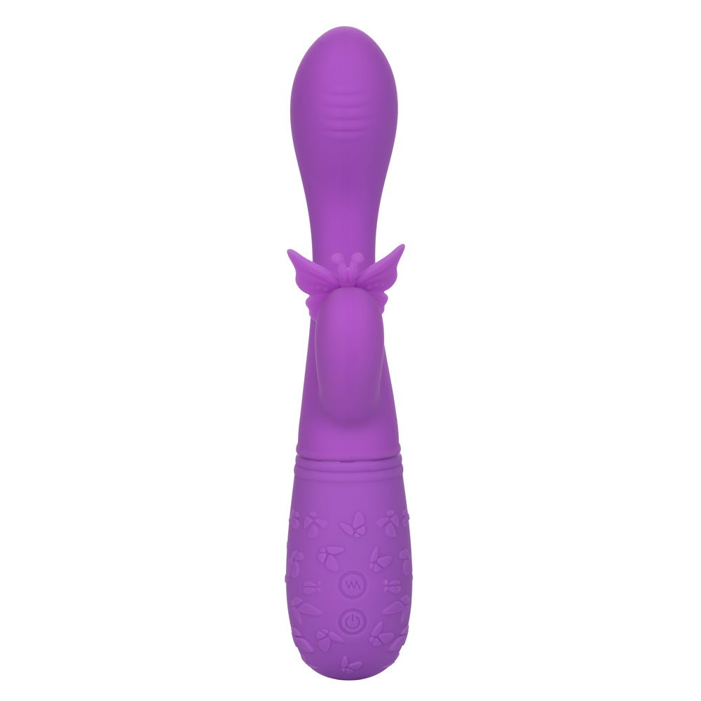 Rechargeable Butterfly Kiss Flutter Rabbit Vibrator has a ribbed G-spot head + a butterfly-shaped clitoral pleaser that flutters its wing & antennae over your clitoris in 10 modes! Purple. (2)