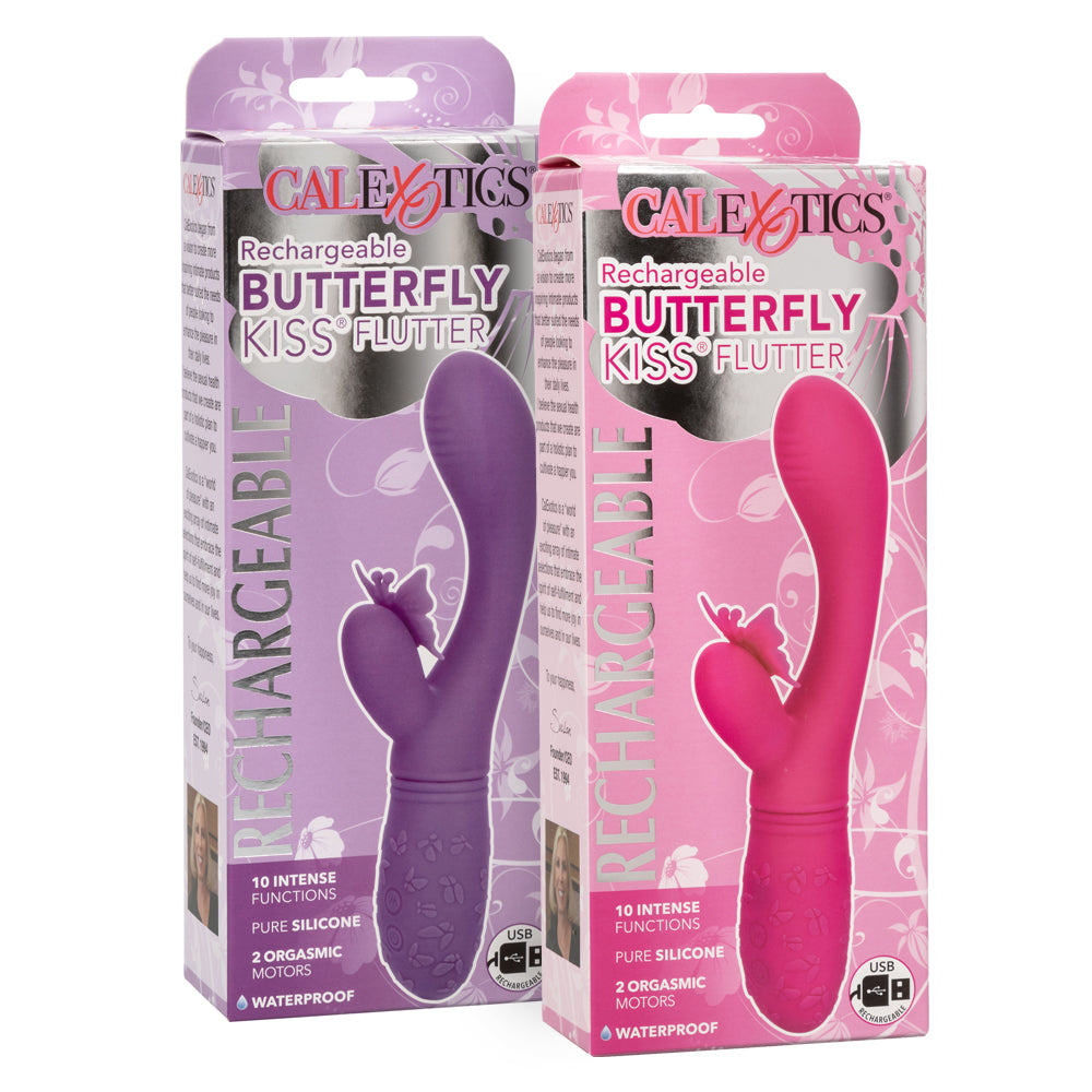 Rechargeable Butterfly Kiss Flutter Rabbit Vibrator has a ribbed G-spot head + a butterfly-shaped clitoral pleaser that flutters its wing & antennae over your clitoris in 10 modes! Packages.