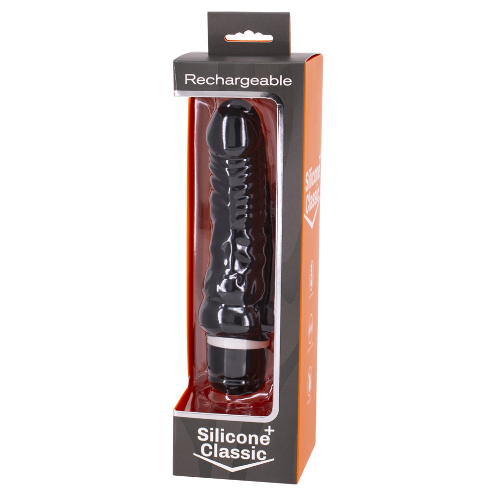 Rechargeable Silicone Classic Curve Vibrator has 7 vibration modes, a realistic phallic head & textured veins for more stimulation. Black. Package.