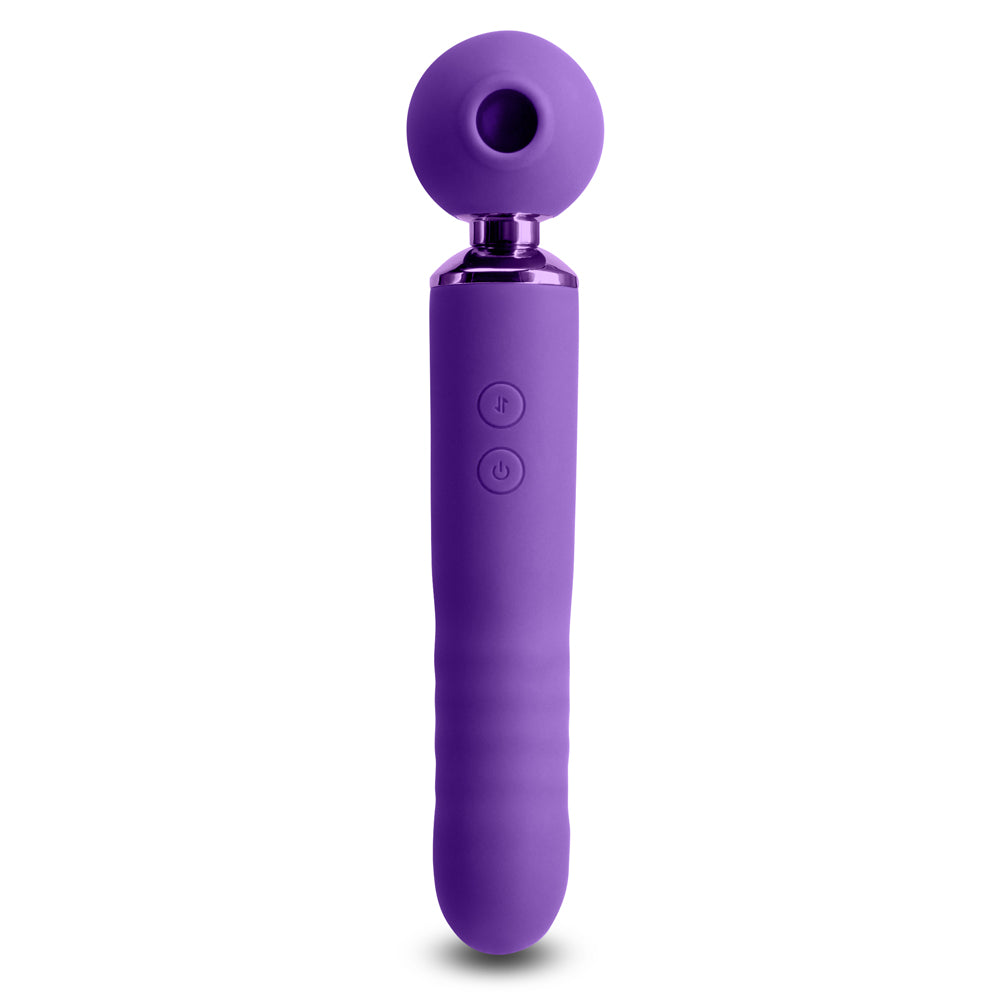 Revel Fae Clitoral Air Pulse & Thrusting Wand Vibrator's head has 10 modes of contactless clitoral suction & throbbing vibration + 10 thrusting modes in the handle. Purple.