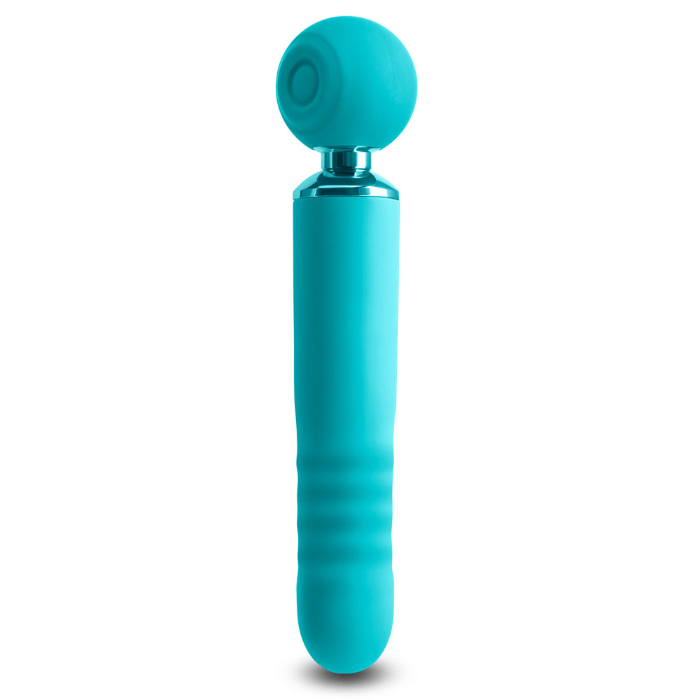 Revel Fae Clitoral Air Pulse & Thrusting Wand Vibrator's head has 10 modes of contactless clitoral suction & throbbing vibration + 10 thrusting modes in the handle. Aqua. (2)