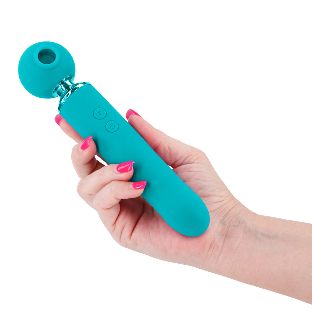 Revel Fae Clitoral Air Pulse & Thrusting Wand Vibrator's head has 10 modes of contactless clitoral suction & throbbing vibration + 10 thrusting modes in the handle. Aqua. On-hand.