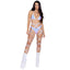 A model wears a glitter body harness and leg wraparound straps with adjustable criss-cross harness. White colour.