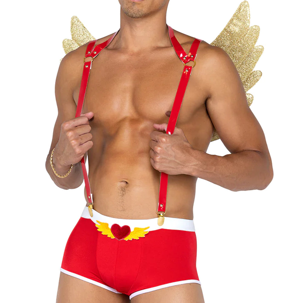 This sexy men's Cupid costume comes w/ jersey knit trunks with winged heart embroidery, vegan patent leather suspenders & gold foil wings for a romantic touch!