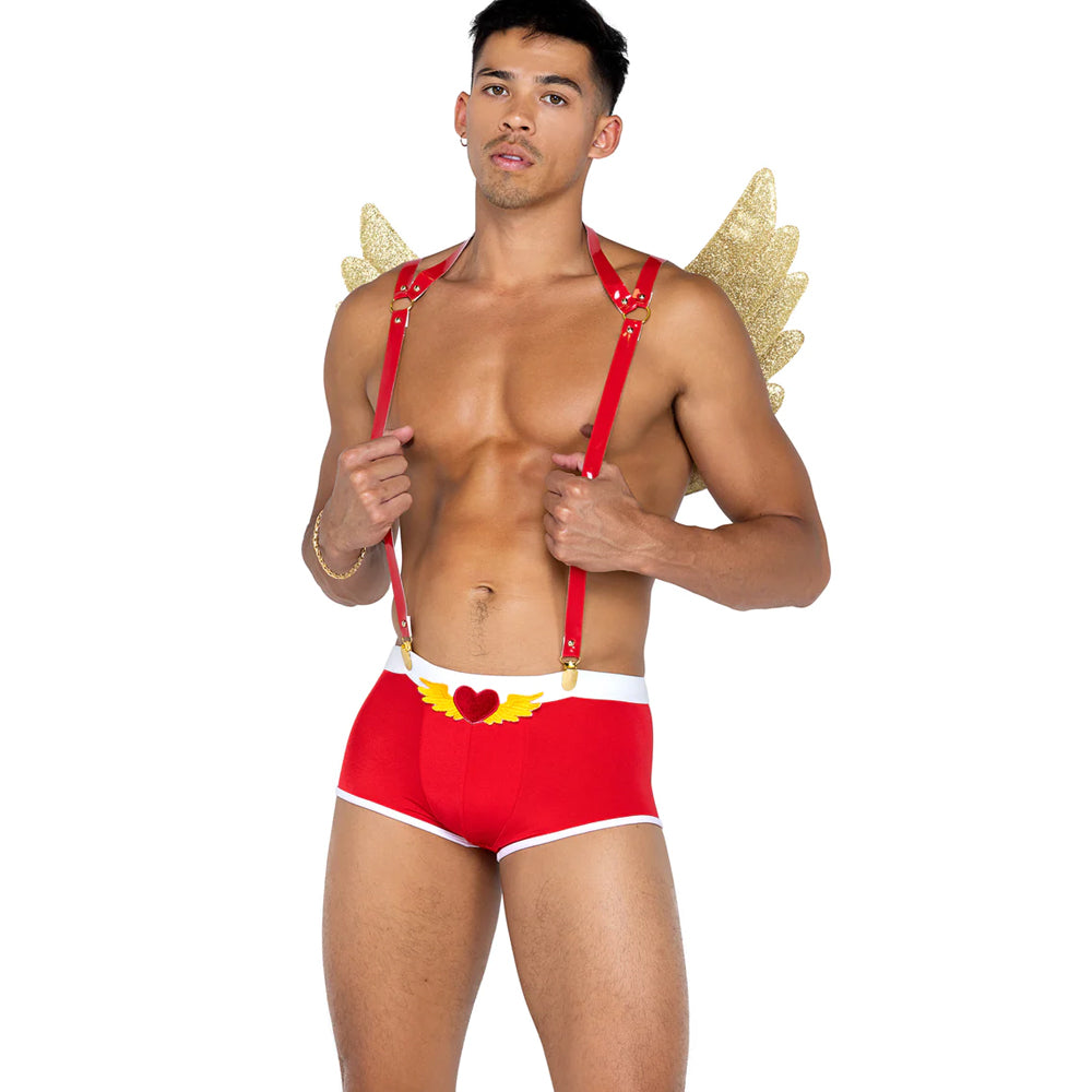 This sexy men's Cupid costume comes w/ jersey knit trunks with winged heart embroidery, vegan patent leather suspenders & gold foil wings for a romantic touch! (3)