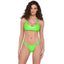 A model wears a pair of neon green high shine vinyl thong bottoms with adjustable side straps. Full body view.