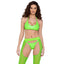 A model wears a pair of neon green high shine vinyl thong bottoms with adjustable side straps. Full body view. (2)