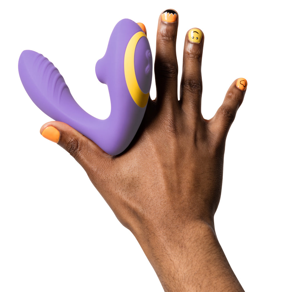 Romp Reverb Pleasure Air Clitoral Suction & G-Spot Vibrator has 10 modes of internal G-spot vibrations & 10 clitoral air pulse suction patterns to give you blended orgasmic bliss. On-hand.