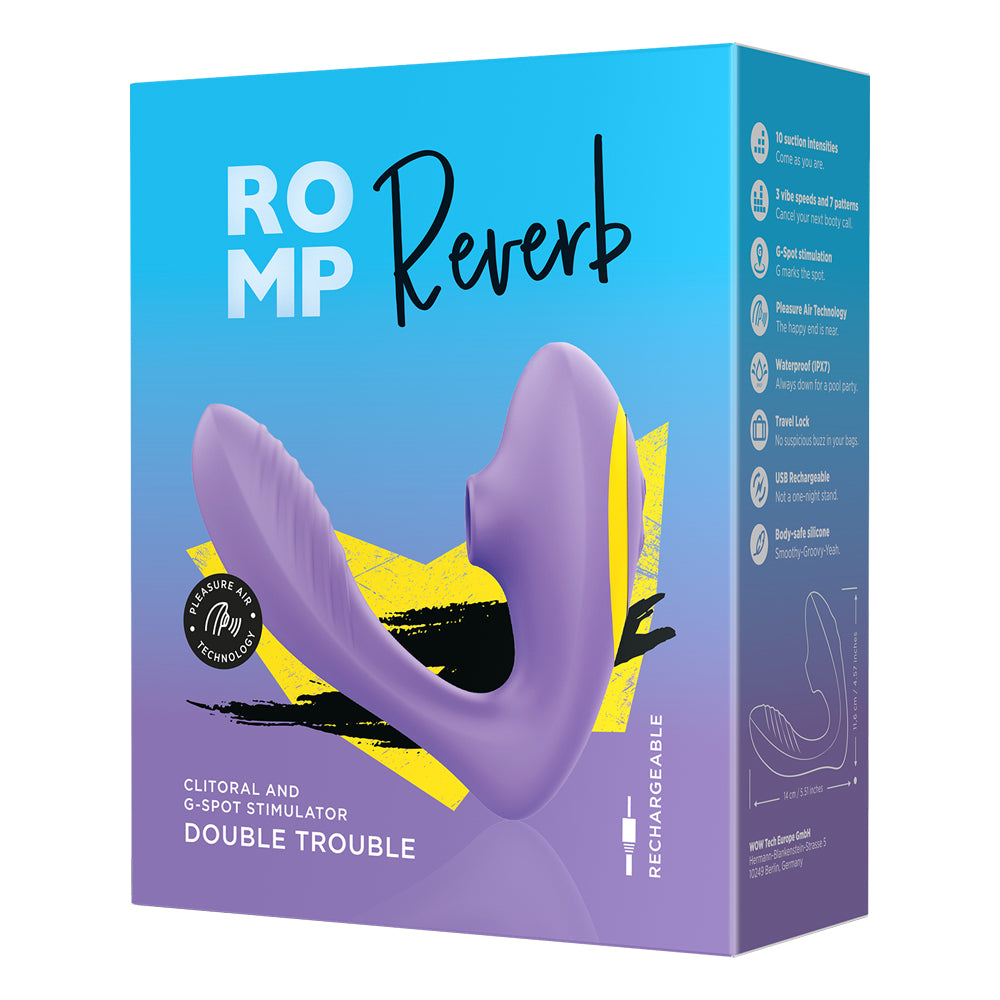 Romp Reverb Pleasure Air Clitoral Suction & G-Spot Vibrator has 10 modes of internal G-spot vibrations & 10 clitoral air pulse suction patterns to give you blended orgasmic bliss. Package.