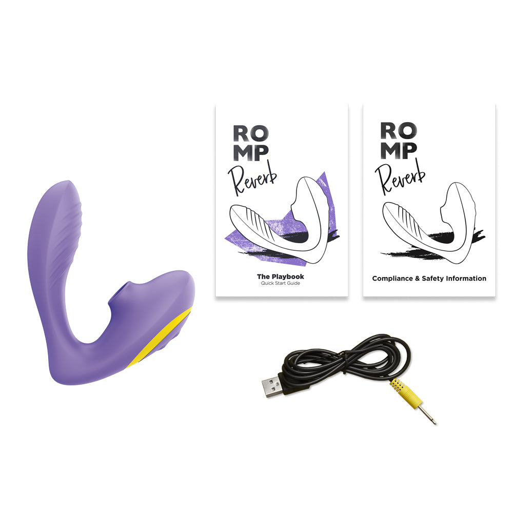 Romp Reverb Pleasure Air Clitoral Suction & G-Spot Vibrator has 10 modes of internal G-spot vibrations & 10 clitoral air pulse suction patterns to give you blended orgasmic bliss. Accessories.