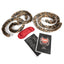 Flat lay of 3  faux fur twist-to-tighten bondage ropes, a satin blindfold & instruction cards on a white background.