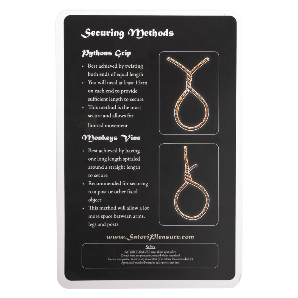 An instruction card shows how to create the Pythons Grip and Monkeys Vine securing methods with twist-to-tighten ropes.