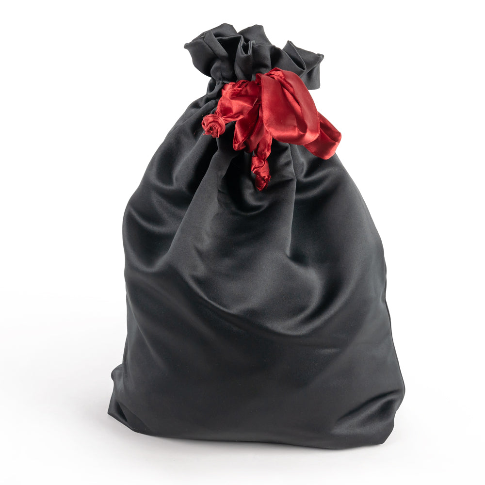 A black storage pouch for the Satori Pleasure Ropes Bondage Kit with a red satin drawstring sits against a white background.