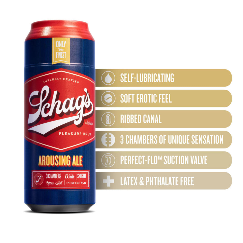 Schag's Arousing Ale Self-Lubricating Beer Can Masturbator has 3 textured sections for unique stroking sensations & has a suction control valve for your perfect pleasure. Features.