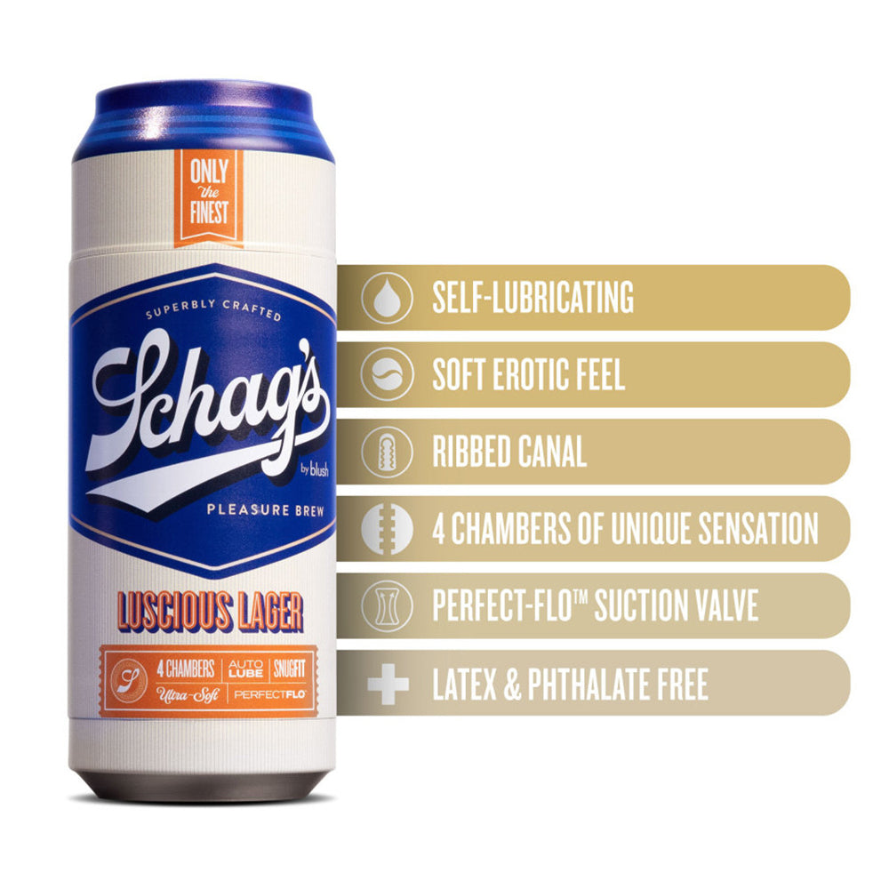 Schag's Luscious Lager Self-Lubricating Beer Can Masturbator has 4 uniquely textured chambers & has a suction control valve for your perfect pleasure. It comes in a discreet beer can design for subtle storage! Features.
