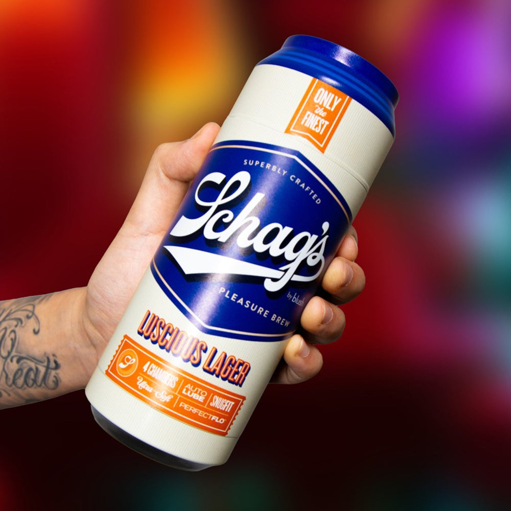 Schag's Luscious Lager Self-Lubricating Beer Can Masturbator has 4 uniquely textured chambers & has a suction control valve for your perfect pleasure. It comes in a discreet beer can design for subtle storage! On hand.