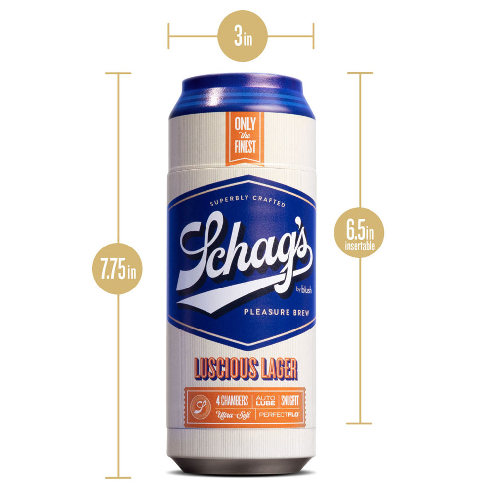 Schag's Luscious Lager Self-Lubricating Beer Can Masturbator has 4 uniquely textured chambers & has a suction control valve for your perfect pleasure. It comes in a discreet beer can design for subtle storage! Dimensions.
