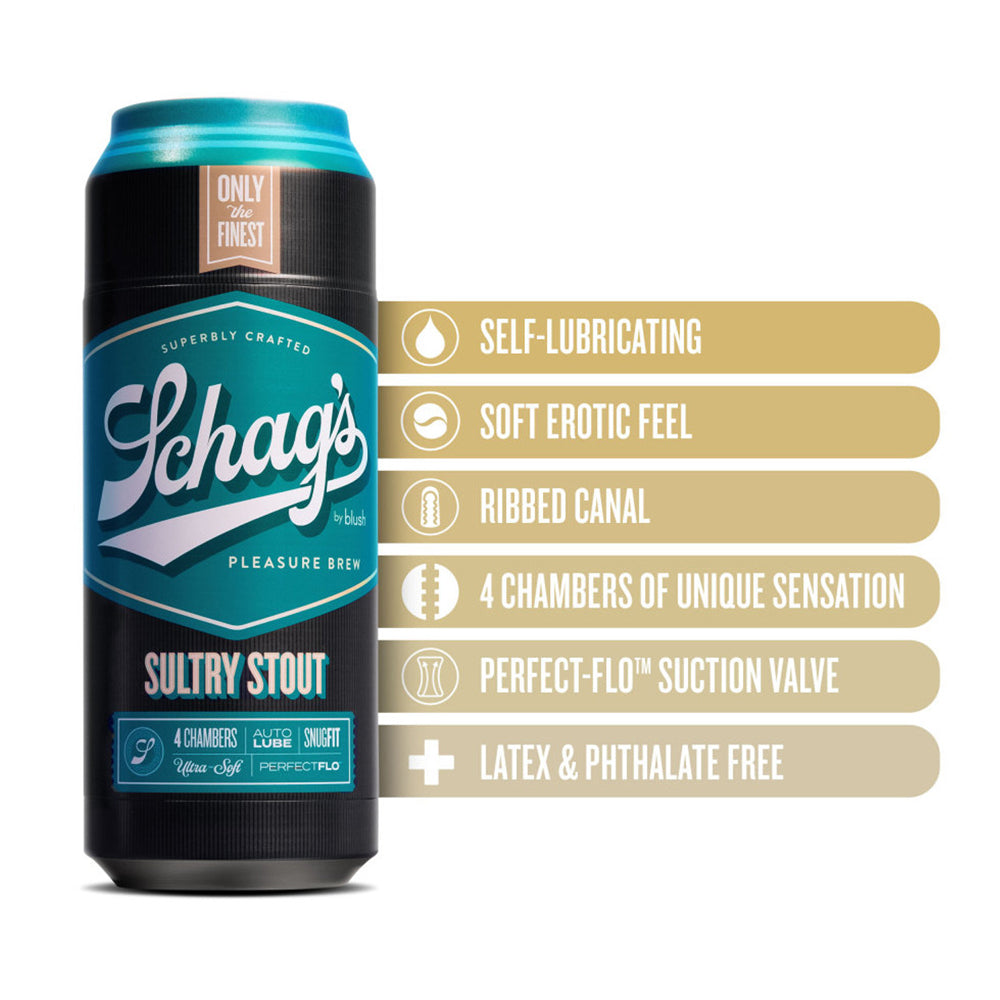 Schag's Sultry Stout Self-Lubricating Beer Can Masturbator comes in a discreet beer can design & has 4 uniquely textured chambers + a suction control valve for your perfect pleasure. Features.