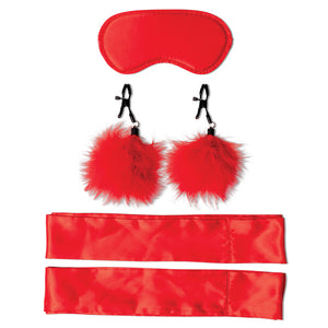Sex & Mischief Amor Bondage Beginner Kit includes silky restraints, a satin blindfold & feather nipple clamps to ease into bondage, sensory deprivation & sensation play! Accessories.