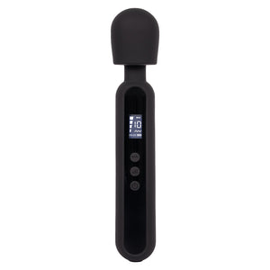 A black wand vibrator with an LED screen plus 3-button control panel on the front handle stands against a white backdrop